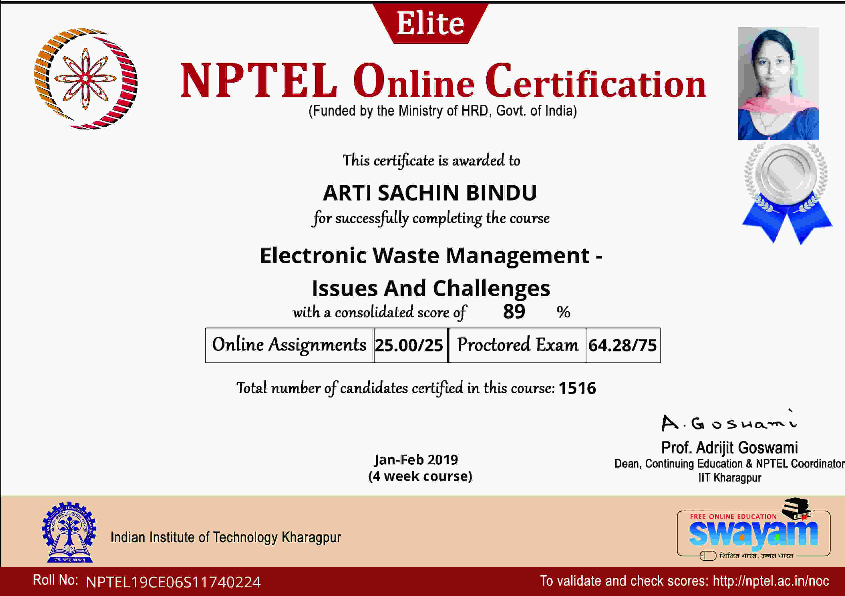 Silver Medal in NPTEL online Certification Exam, NMIET