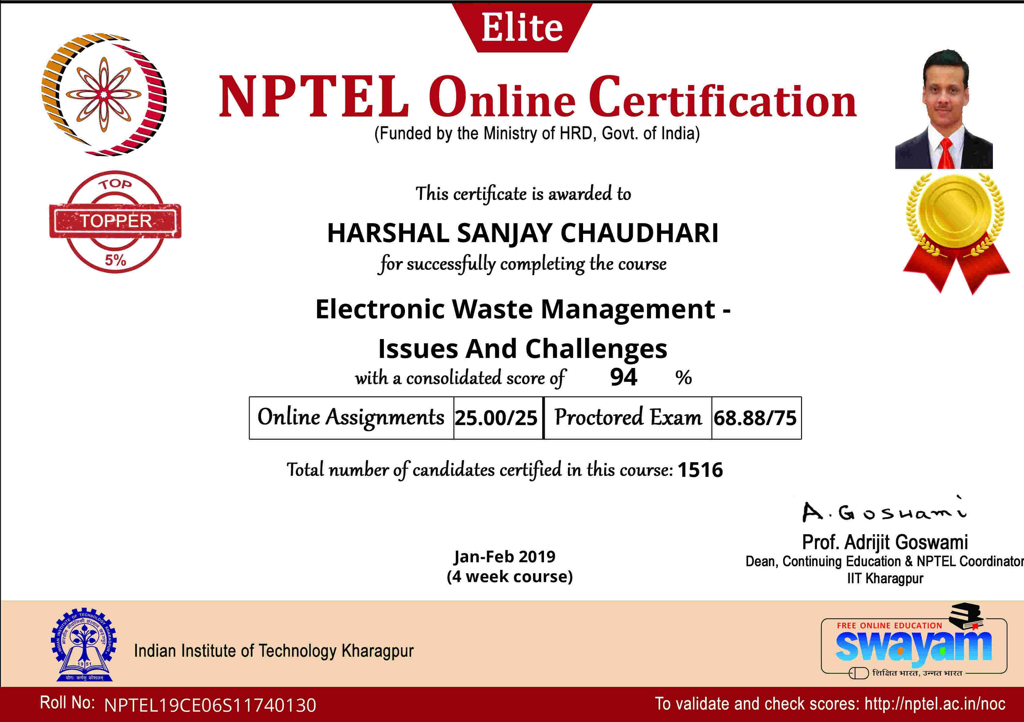 Gold Medal and in TOP 5% candidates in NPTEL Online Certification Exam, NMIET